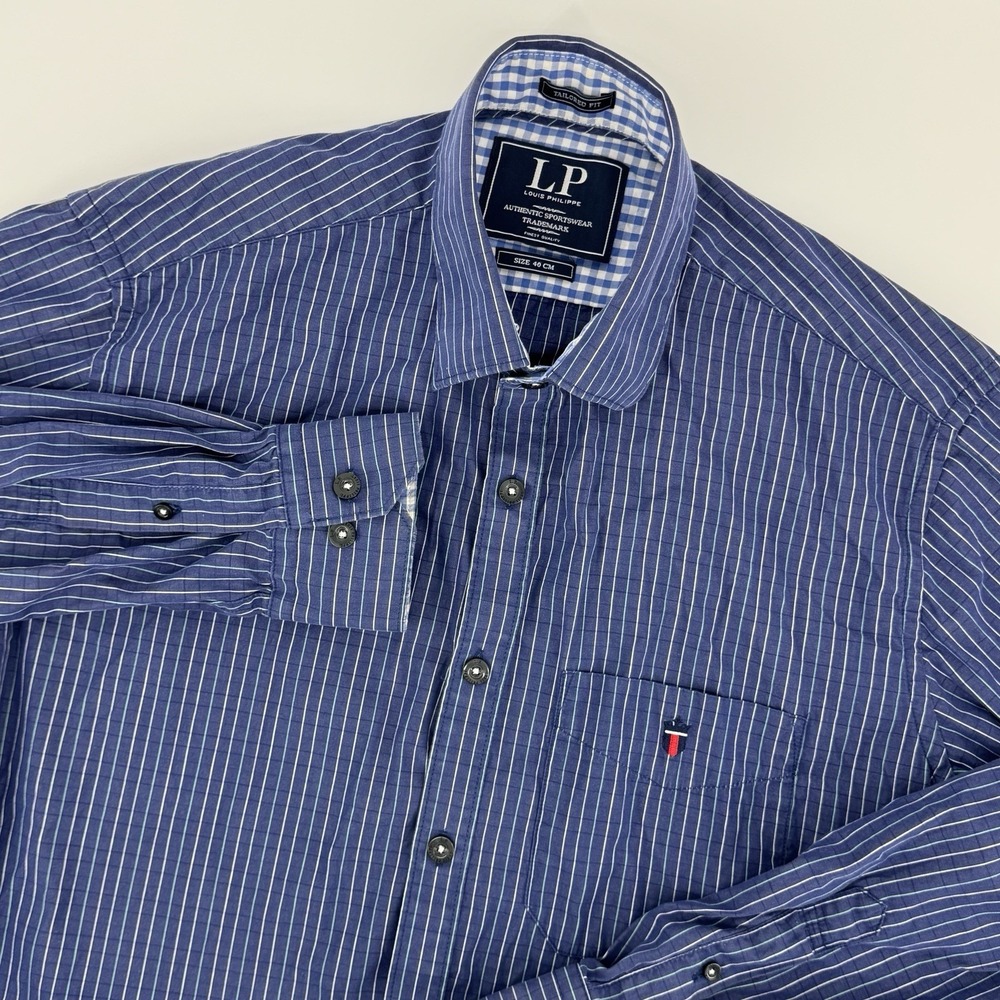 Louis Philippe Men's Medium 40 Tailored Fit Blue Pinstripe Button-Down‎ Casual